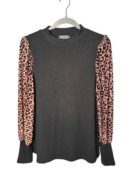 Hudson Gray Tops - Hudson Gray Black Ribbed High Neck Top Leopard Long Sleeve Small